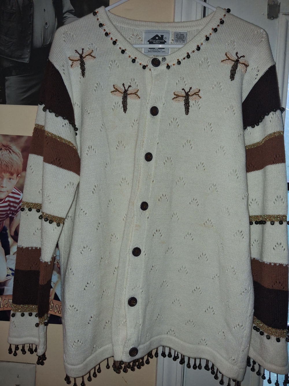 Storybook Knits Cream and Brown Embellished Dragonfly Cardigan Has A Few Spots